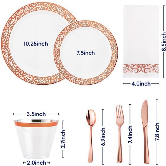 210 Count Rose Gold Plastic Dinnerware Disposable Plates 30 Dinner Plates - Picture 2 of 7